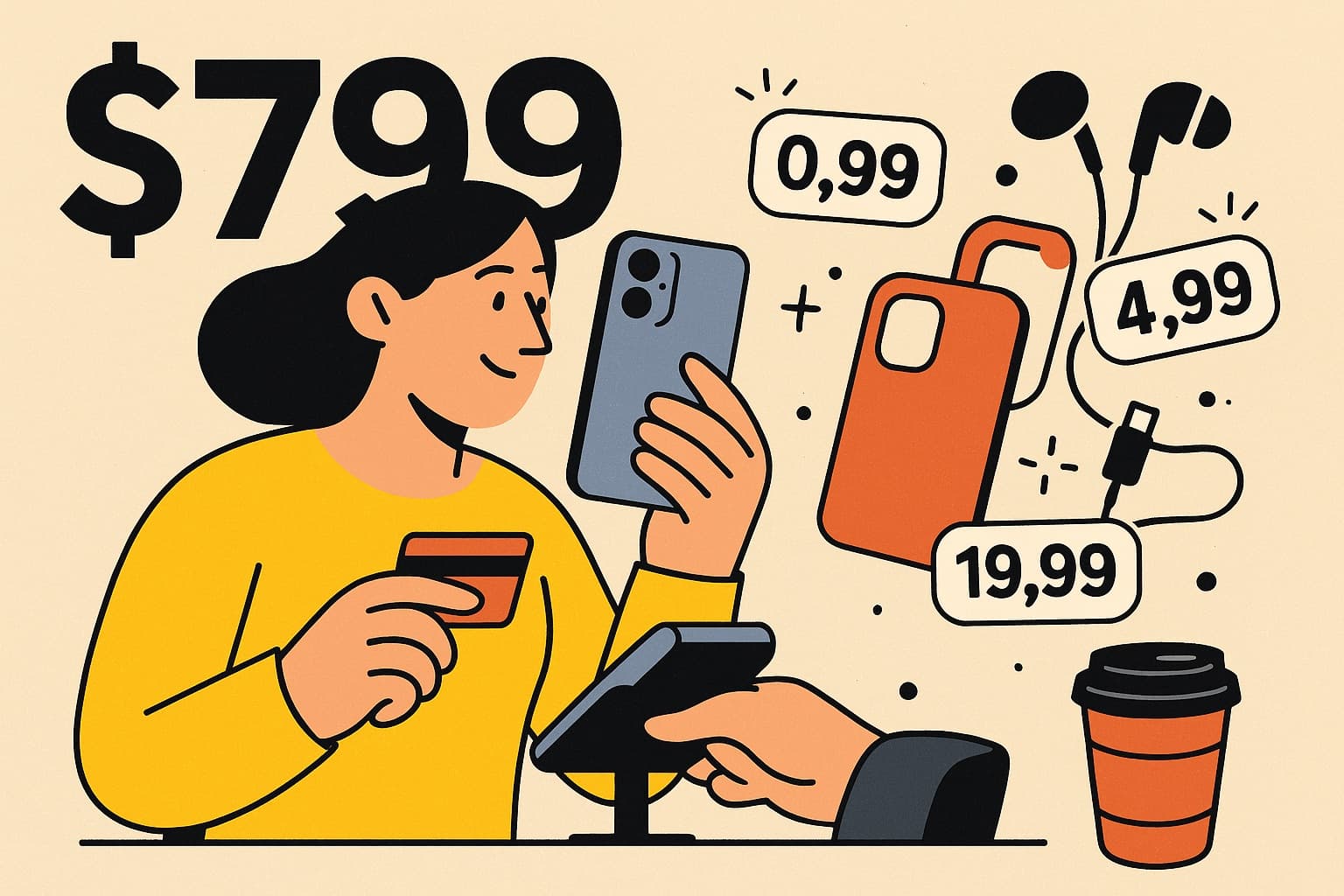 A flat illustration of someone paying by card at a counter, holding a new phone. A large $799 sits behind them while small price tags for a case, earphones and a cable float alongside.