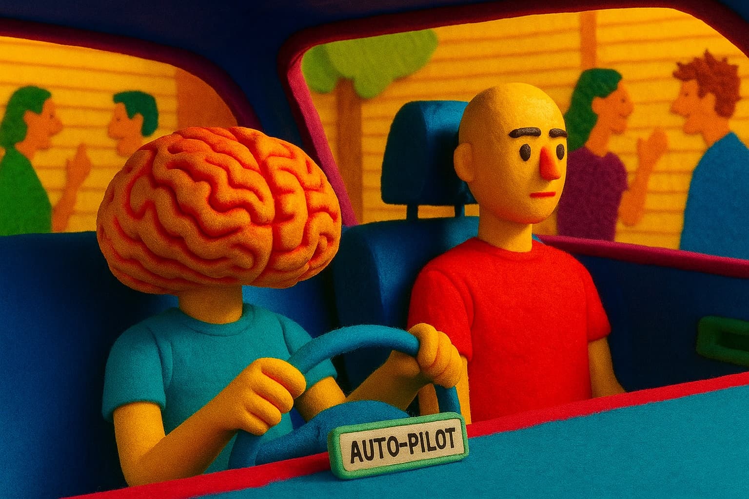 A felt-model scene of a car interior where the driver has a brain in place of a head. A label on the dashboard reads AUTO-PILOT, and a passenger sits alongside looking ahead.