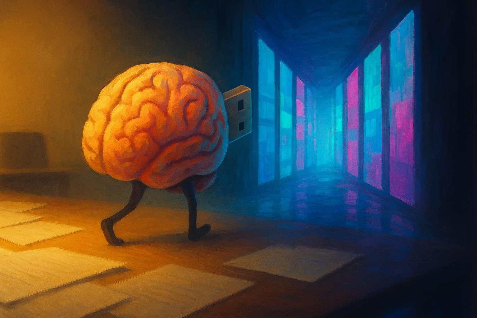 A painted illustration of a brain with legs and a USB connector for a stem, walking away from a warm room of scattered paper pages towards a corridor of glowing blue and pink screens.
