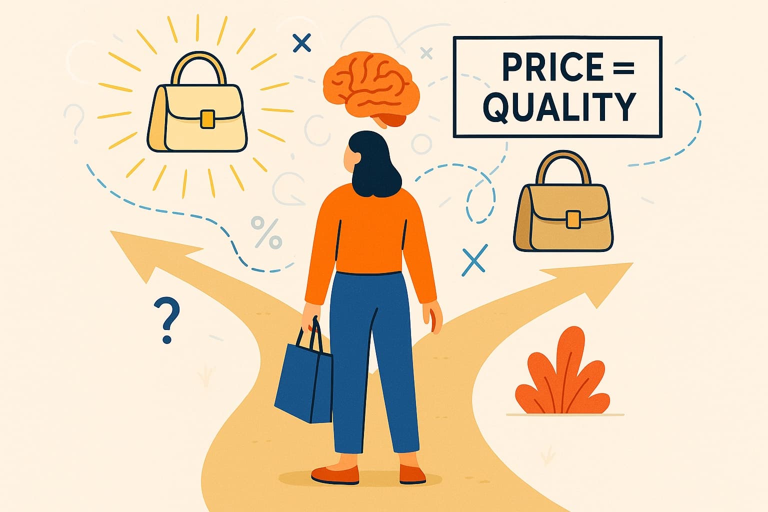 A flat illustration of a shopper standing where a path forks, looking up at two handbags. A sign overhead reads PRICE = QUALITY, with a brain drawn above the shopper's head.