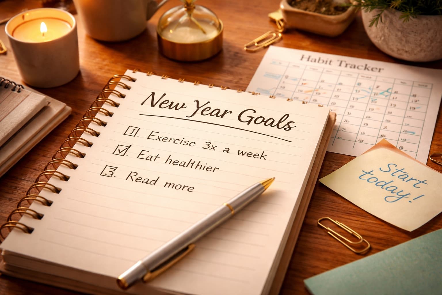 A spiral notebook on a wooden desk headed New Year Goals, listing exercise, eat healthier and read more, with only the second box ticked. A habit tracker calendar and a sticky note reading Start today! sit beside it.
